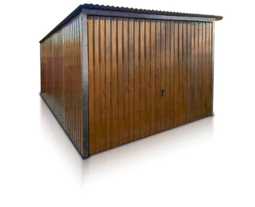Gerätehaus aus Blech 300 x 500 cm Pultdach Vertikalprofil Holzoptik Goldene Eiche