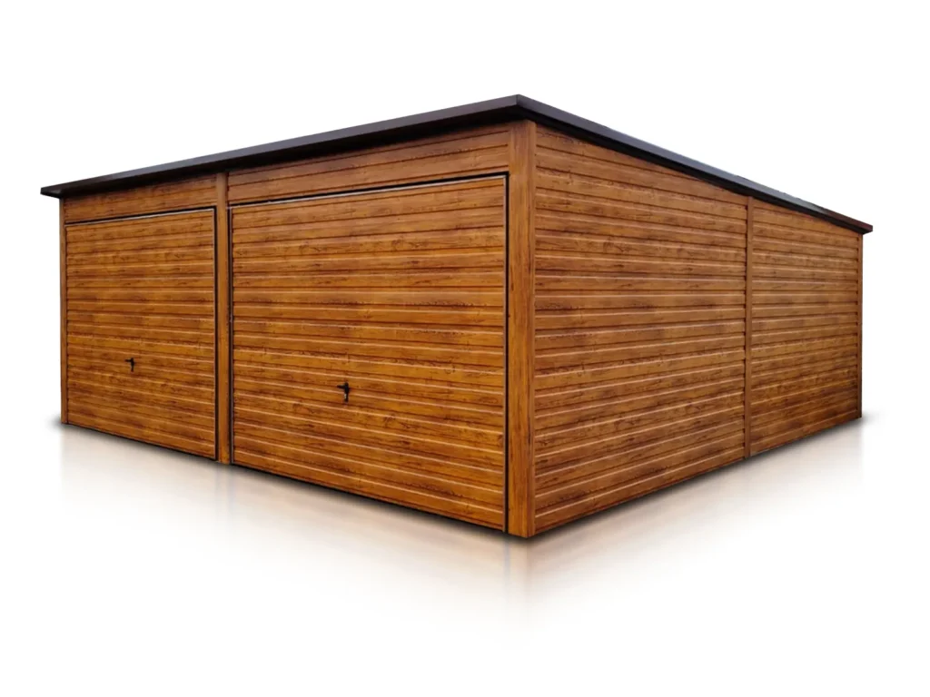 Metallgarage mit Flachdach und Holzoptik – 6×6 m