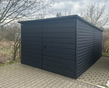 Einzelgarage aus Blech 300 x 500 cm Pultdach Doppelflügeltor Graphit