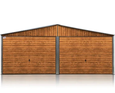 Gerätehaus aus Blech 600 x 500 cm Satteldach Holzoptik Goldene Eiche Walnut