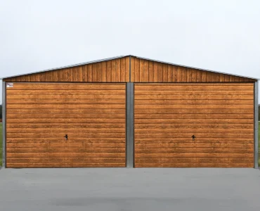 Gerätehaus aus Blech 600 x 500 cm Satteldach Holzoptik Goldene Eiche Walnut