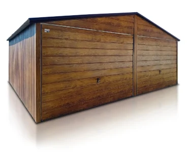 Doppelgarage aus Blech 600 x 500 cm Schwingtor Satteldach Holzoptik