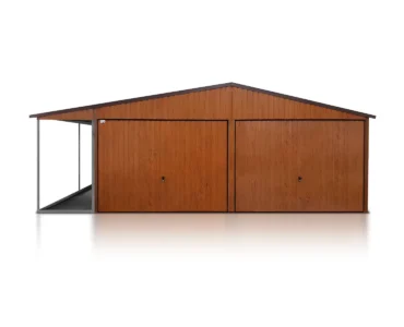 Doppelgarage aus Blech 600 x 500 cm Carport 2 m Satteldach Schwingtor Holzoptik