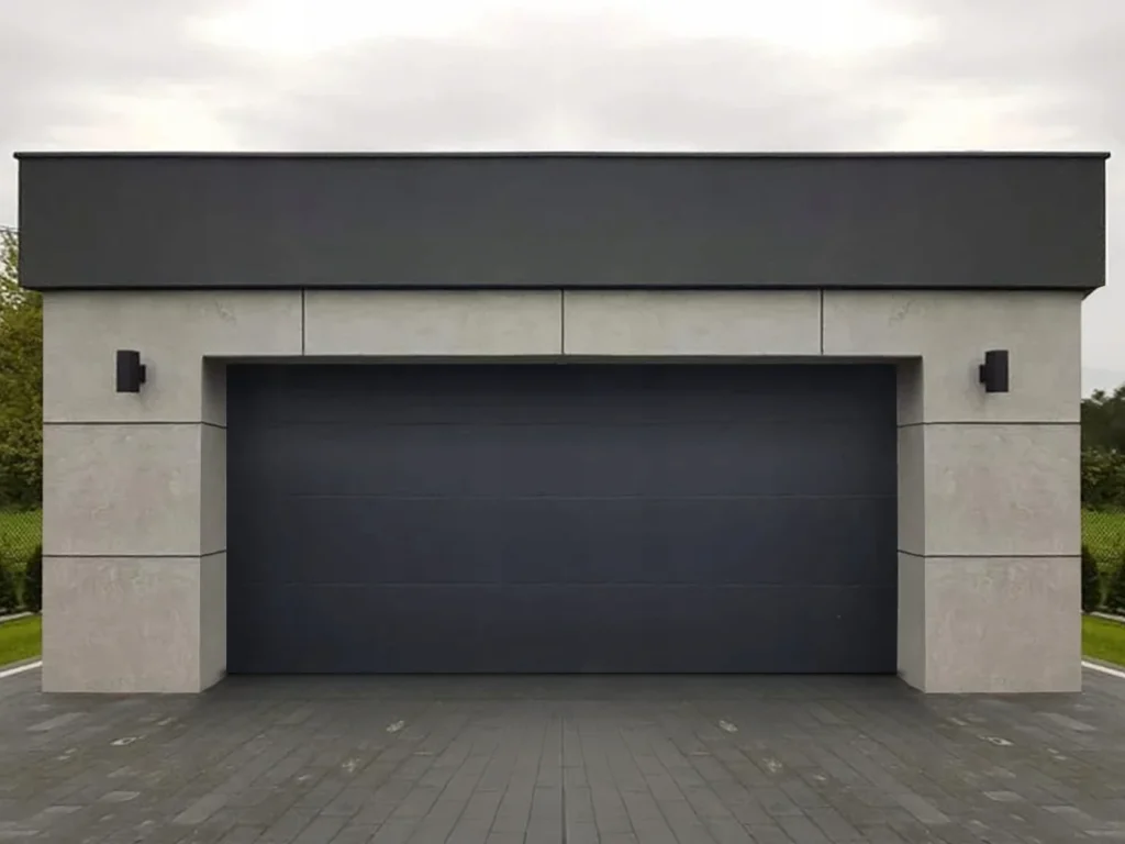 Moderne Garage mit grauer Fassade
