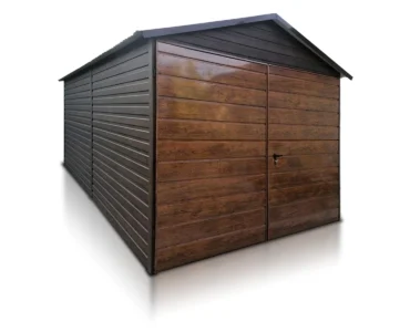 Einzelgarage aus Blech 300 x 500 cm Satteldach Doppelflügeltor Holzoptik