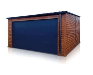 Einzelgarage aus Blech 500 x 600 cm Holzoptik Pultdach Sektionaltor